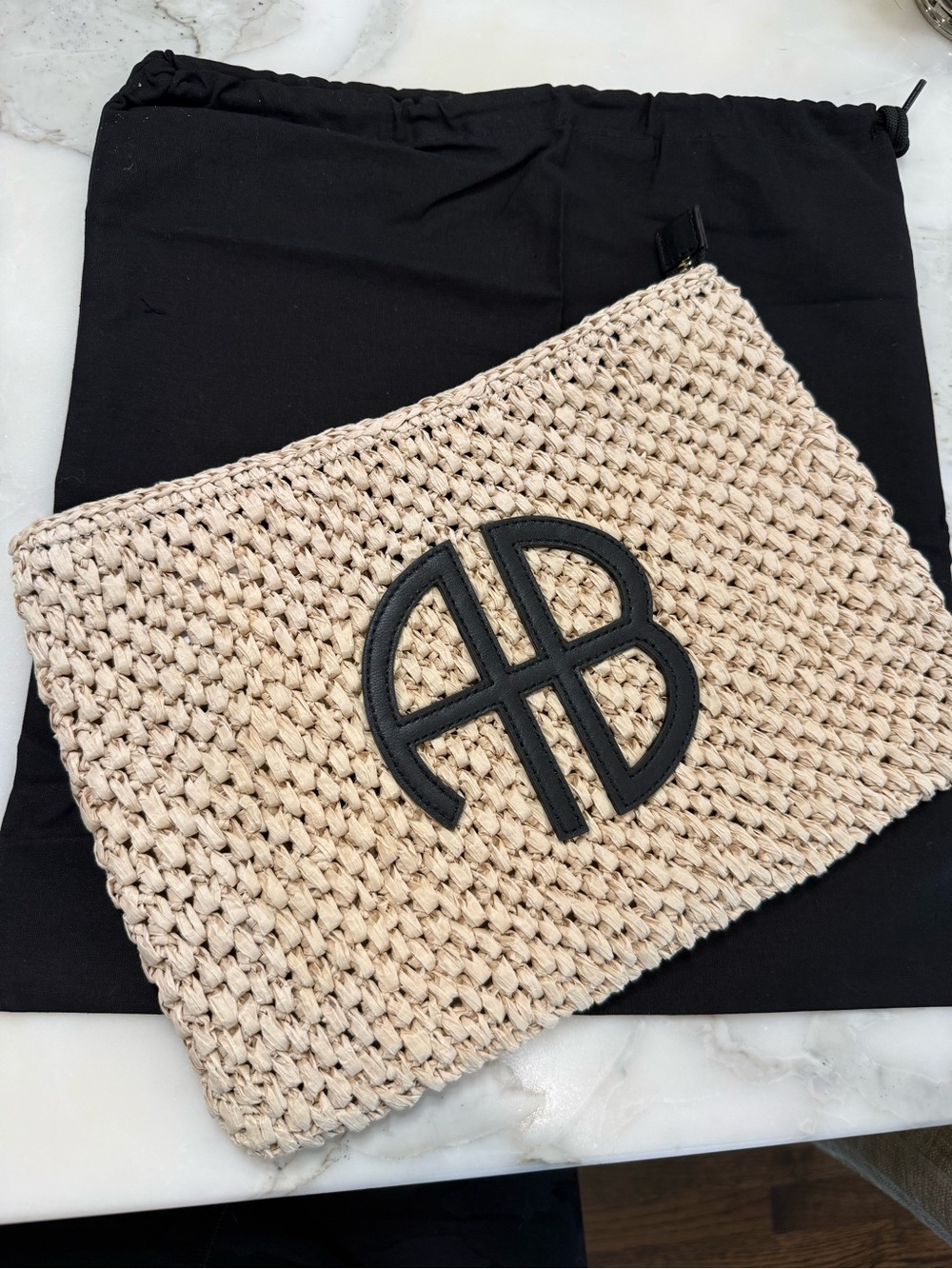 Anine Bing Beige Woven Straw Clutch with Black Logo